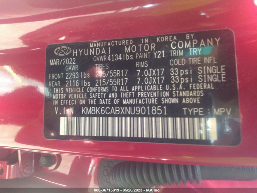 2022 HYUNDAI KONA SEL - KM8K6CABXNU901851
