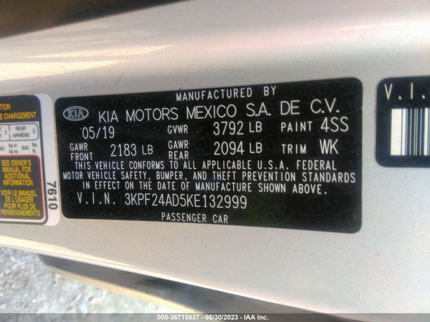 2019 KIA FORTE LXS - 3KPF24AD5KE132999