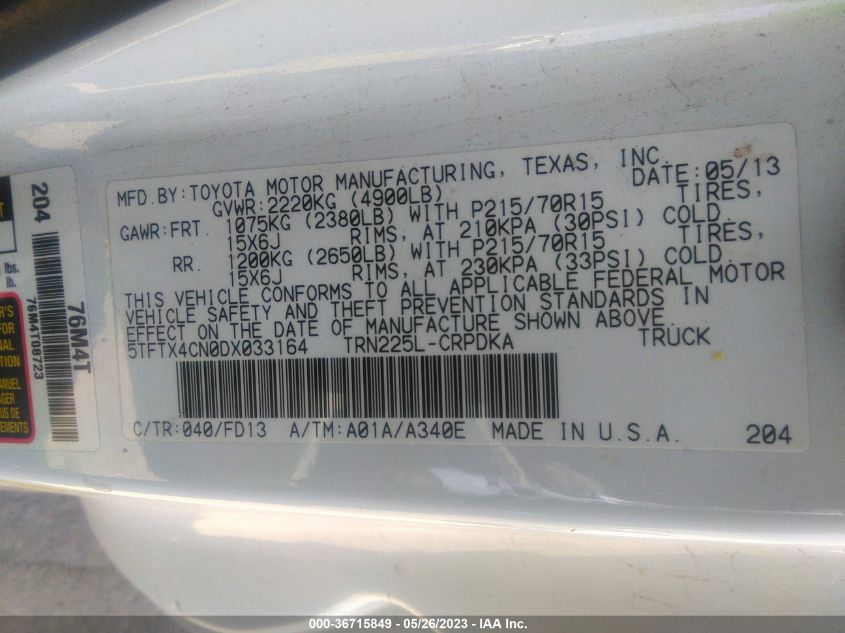 2013 TOYOTA TACOMA - 5TFTX4CN0DX033164