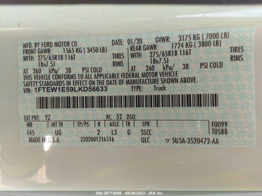 2020 FORD F-150 XL/XLT/LARIAT - 1FTEW1E59LKD56633