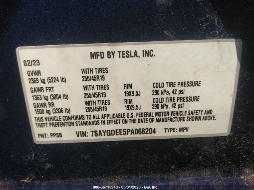 2023 TESLA MODEL Y LONG RANGE - 7SAYGDEE5PA068204