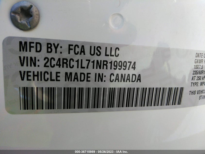 VIN 2C4RC1L71NR199974 2022 CHRYSLER PACIFICA HYBRID TOURING L