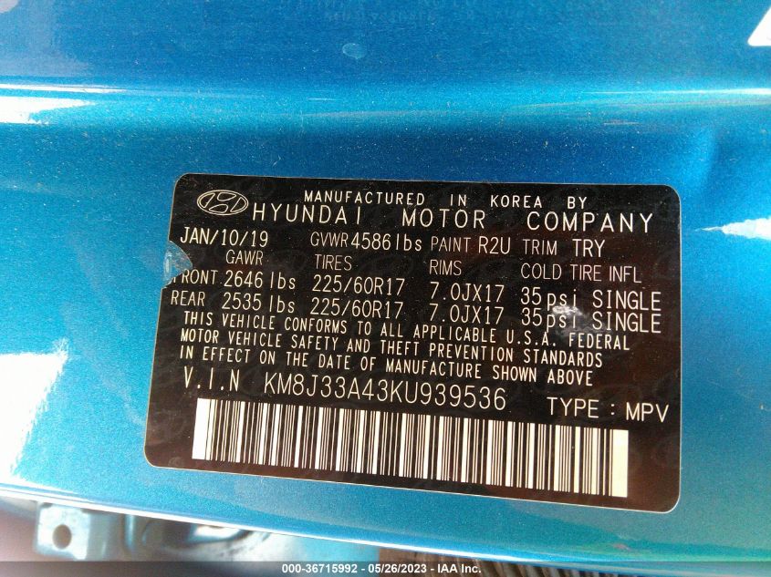 2019 HYUNDAI TUCSON VALUE - KM8J33A43KU939536