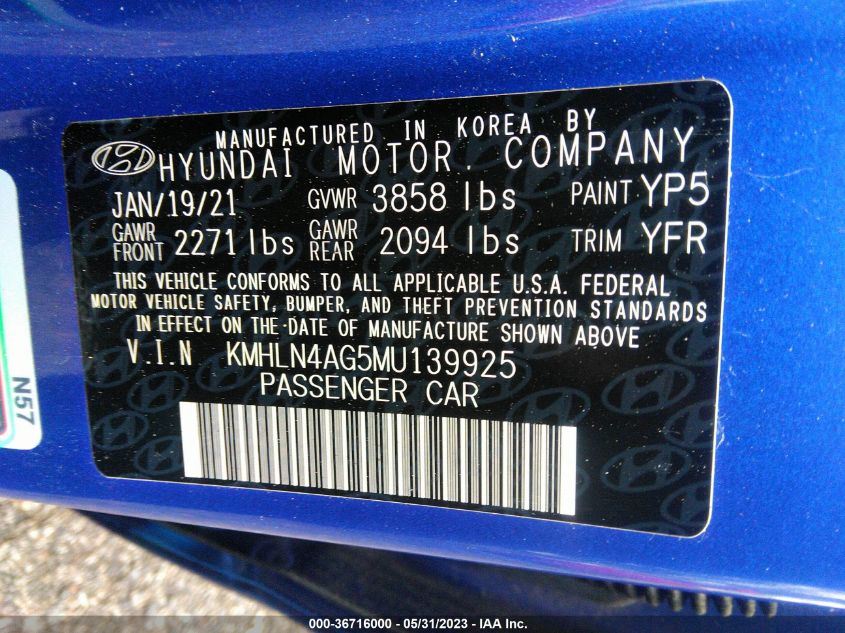 2021 HYUNDAI ELANTRA SEL - KMHLN4AG5MU139925