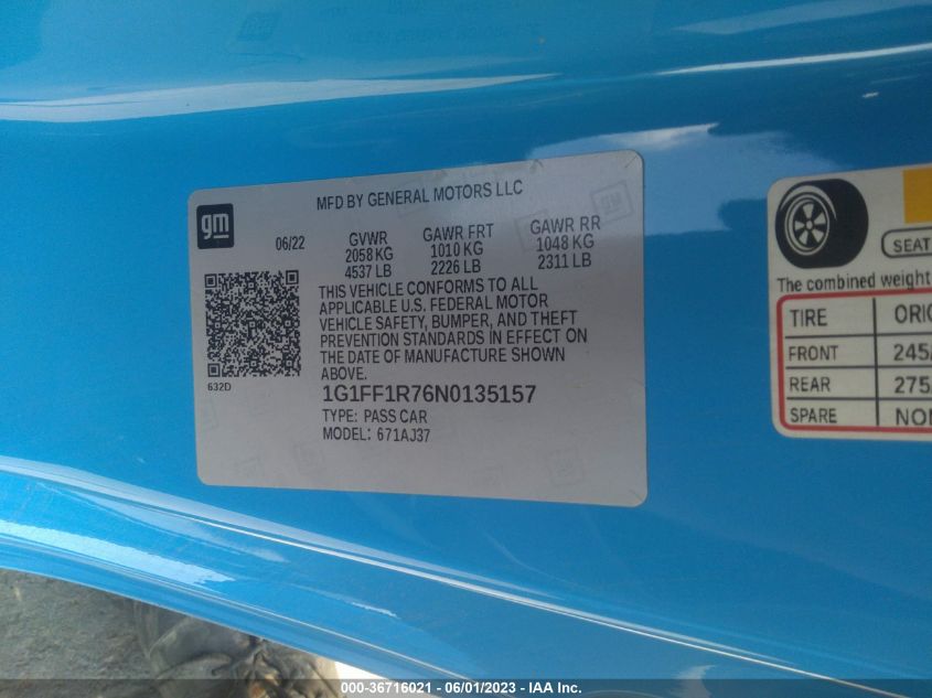 2022 CHEVROLET CAMARO 1SS - 1G1FF1R76N0135157