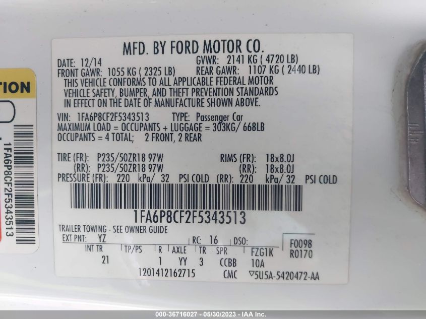 2015 FORD MUSTANG GT - 1FA6P8CF2F5343513