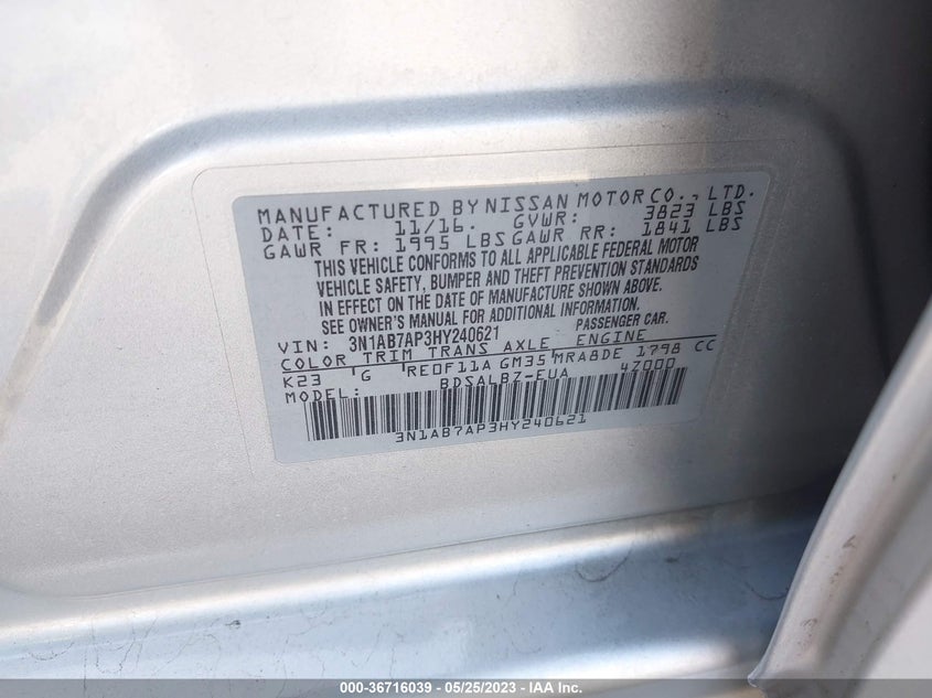 VIN 3N1AB7AP3HY240621 2017 NISSAN SENTRA S