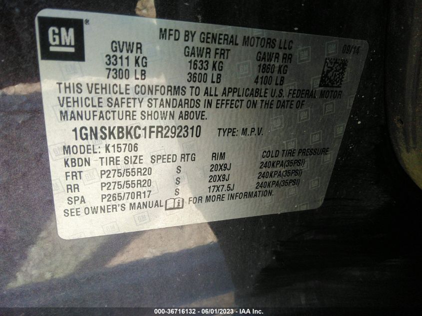 2015 CHEVROLET TAHOE LT - 1GNSKBKC1FR292310