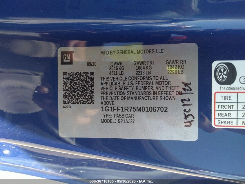 2021 CHEVROLET CAMARO 1SS - 1G1FF1R75M0106702