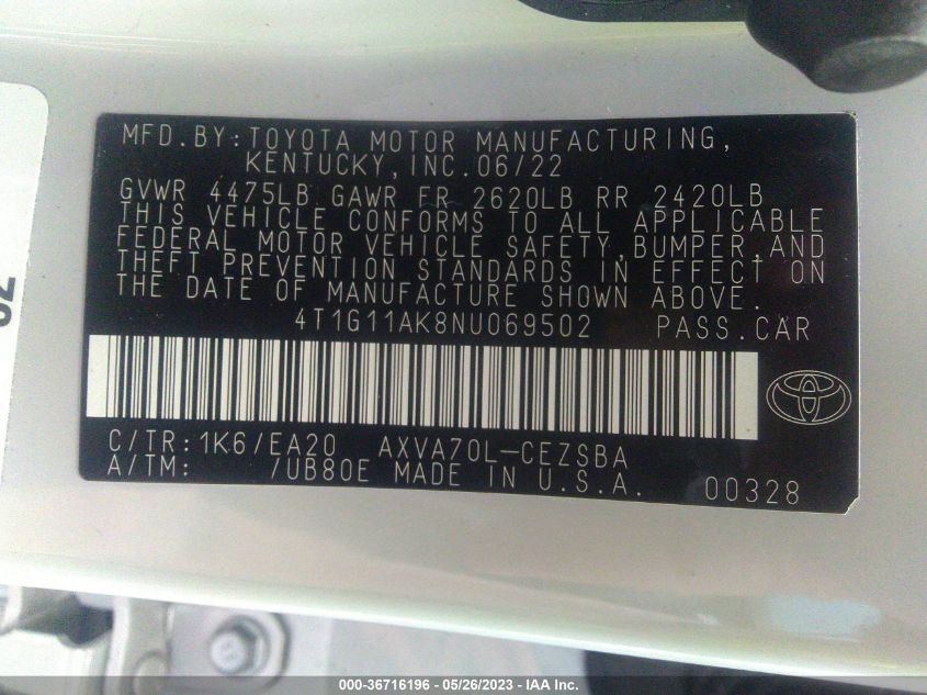 2022 TOYOTA CAMRY SE - 4T1G11AK8NU069502