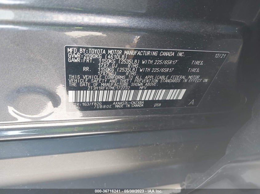 VIN 2T3H1RFV7MC172732 2021 TOYOTA RAV4 LE