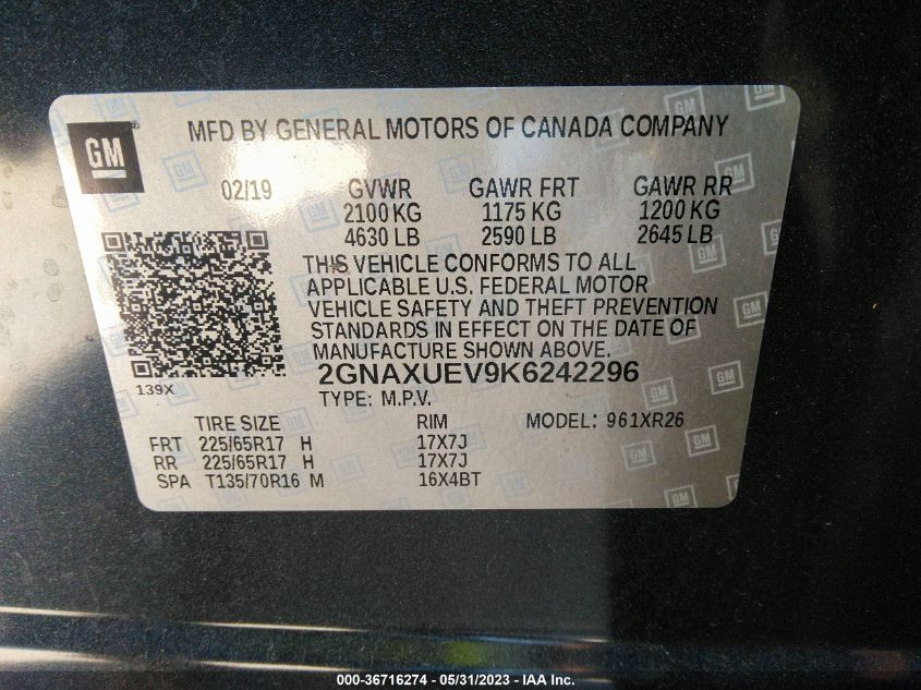 2019 CHEVROLET EQUINOX LT - 2GNAXUEV9K6242296