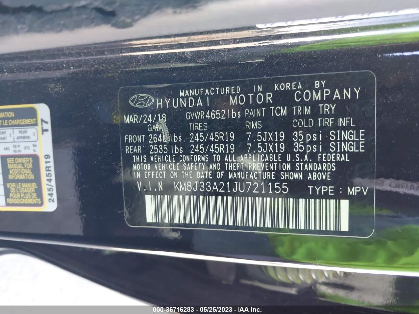 2018 HYUNDAI TUCSON LIMITED - KM8J33A21JU721155