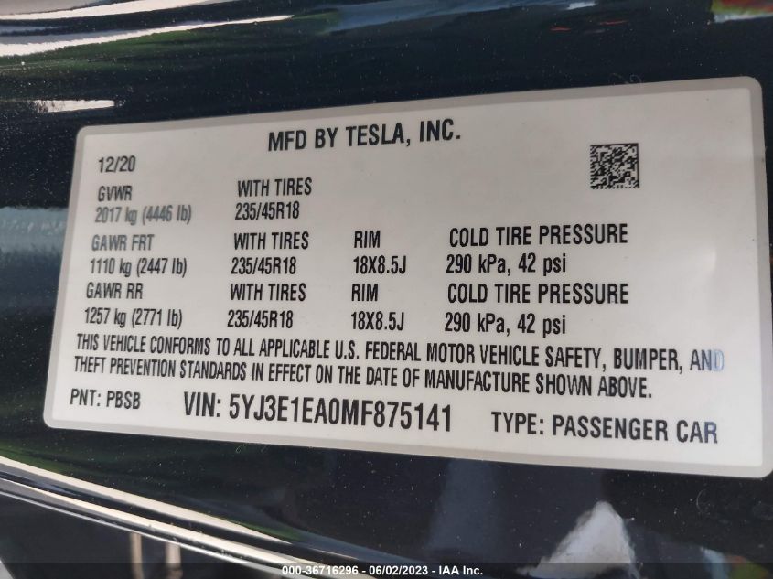 2021 TESLA MODEL 3 STANDARD RANGE PLUS - 5YJ3E1EA0MF875141