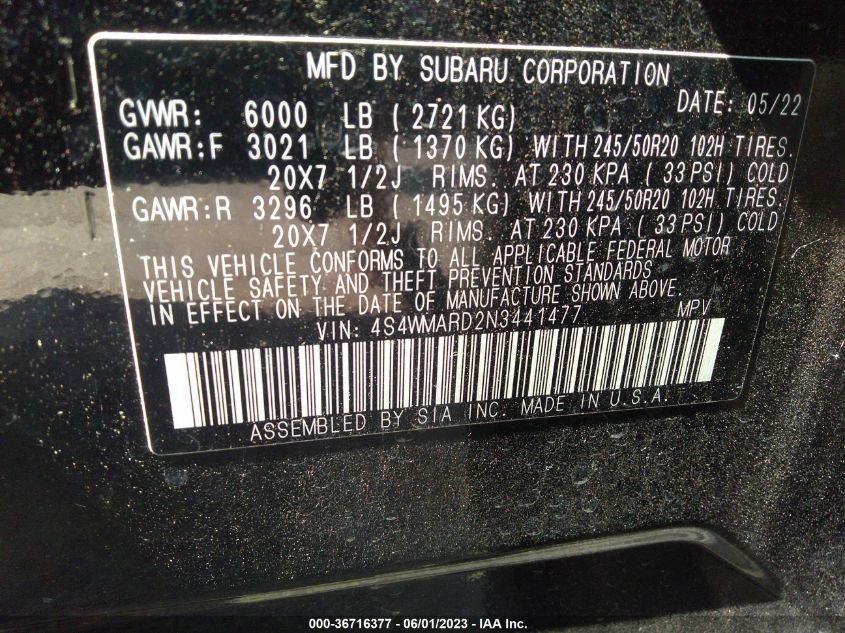 2022 SUBARU ASCENT TOURING - 4S4WMARD2N3441477