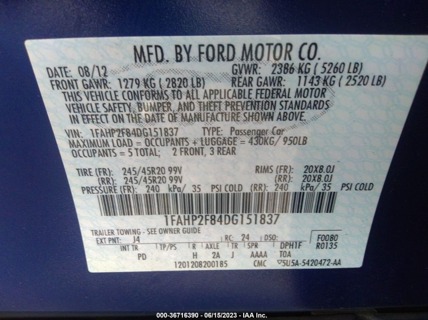 2013 FORD TAURUS LIMITED - 1FAHP2F84DG151837