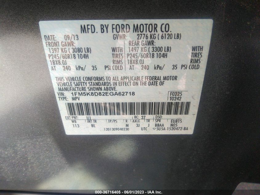 2014 FORD EXPLORER XLT - 1FM5K8D82EGA62718