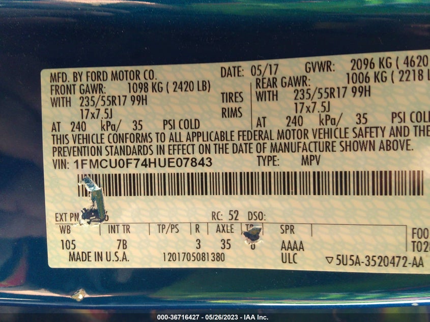VIN 1FMCU0F74HUE07843 2017 FORD ESCAPE S