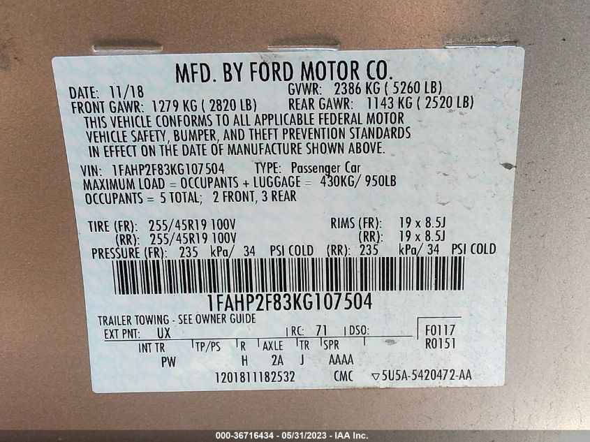 2019 FORD TAURUS LIMITED - 1FAHP2F83KG107504