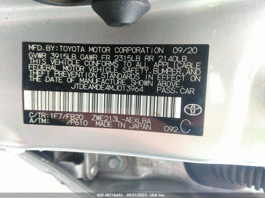 2021 TOYOTA COROLLA HYBRID LE - JTDEAMDE4MJ013964