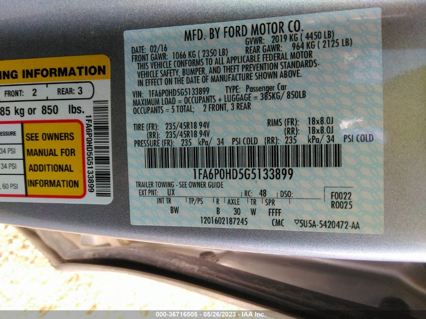 VIN 1FA6P0HD5G5133899 2016 FORD FUSION no.9