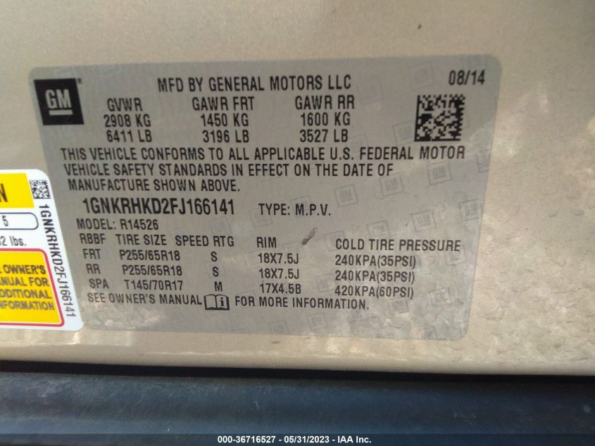 2015 CHEVROLET TRAVERSE LT - 1GNKRHKD2FJ166141