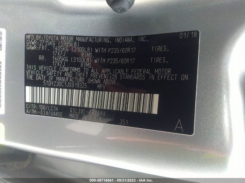 2018 TOYOTA SIENNA XLE AUTO ACCESS - 5TDYZ3DC1JS919325