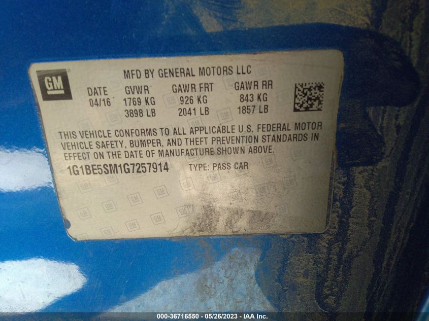 2016 CHEVROLET CRUZE LT - 1G1BE5SM1G7257914
