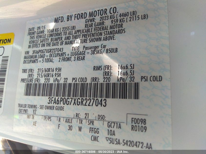 2016 FORD FUSION S - 3FA6P0G7XGR227043