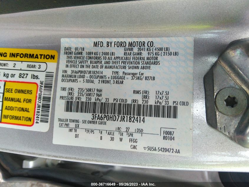 2018 FORD FUSION SE 3FA6P0HD7JR182414