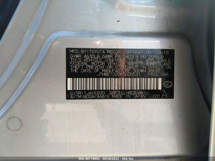 2015 LEXUS IS 350 - JTHBE1D20F5020531