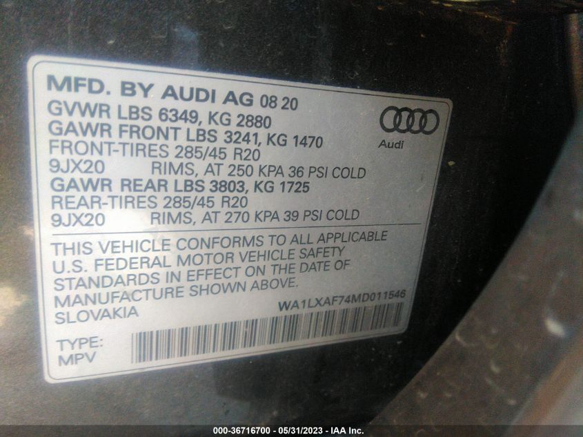 VIN WA1LXAF74MD011546 2021 AUDI Q7 PREMIUM PLUS