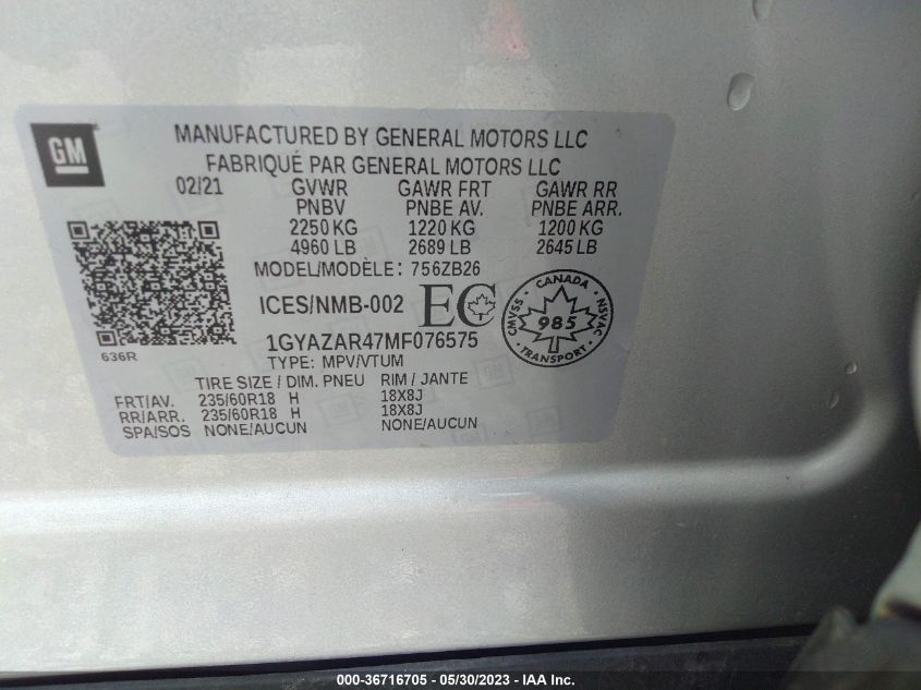2021 CADILLAC XT4 FWD LUXURY 1GYAZAR47MF076575