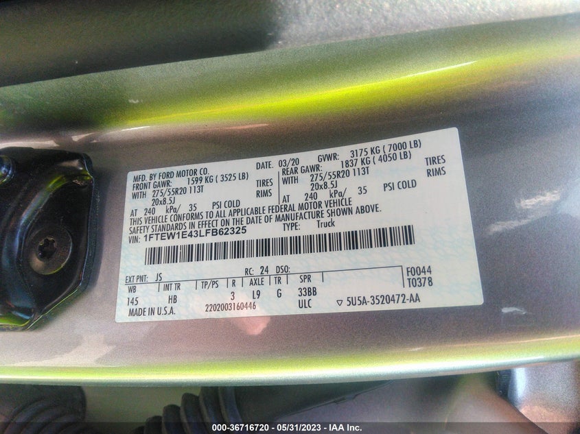 VIN 1FTEW1E43LFB62325 2020 FORD F-150 XL/XLT/LARIAT
