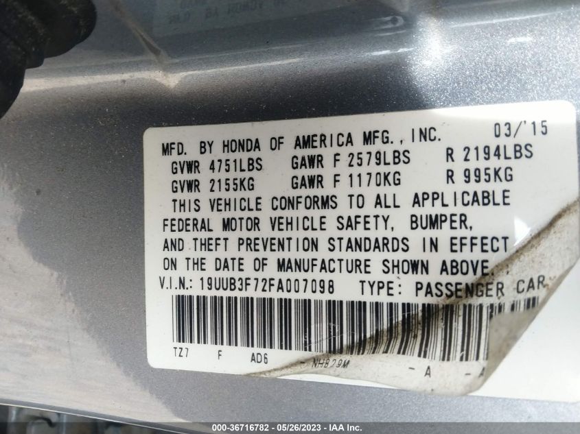2015 ACURA TLX V6 ADVANCE - 19UUB3F72FA007098