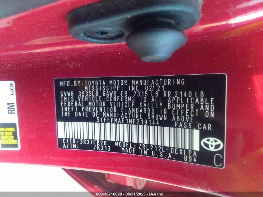 2021 TOYOTA COROLLA LE - 5YFEPMAE1MP219144