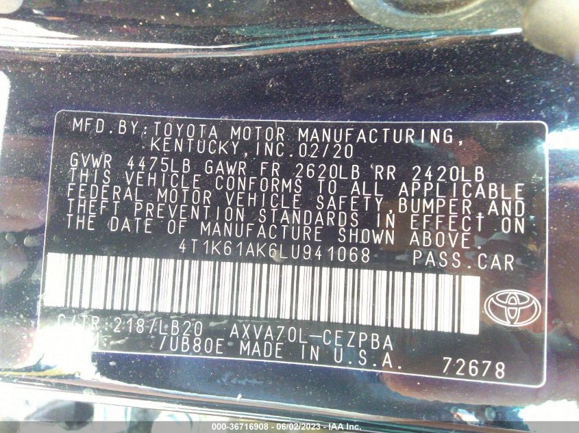 2020 TOYOTA CAMRY XSE - 4T1K61AK6LU941068