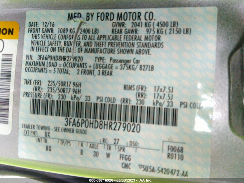 2017 FORD FUSION SE - 3FA6P0HD8HR279020