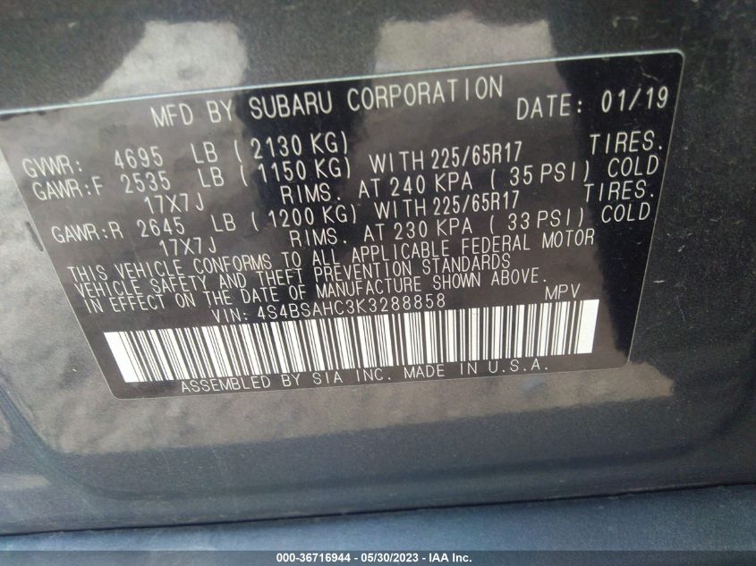 2019 SUBARU OUTBACK PREMIUM - 4S4BSAHC3K3288858