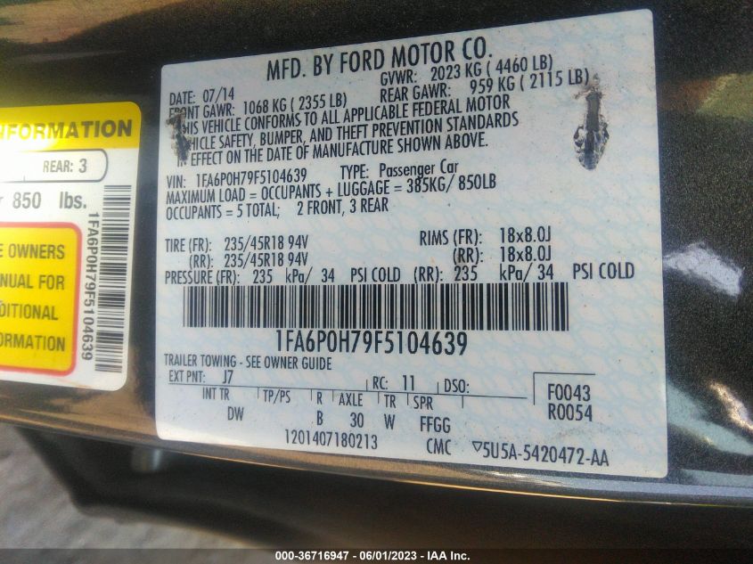 2015 FORD FUSION SE - 1FA6P0H79F5104639