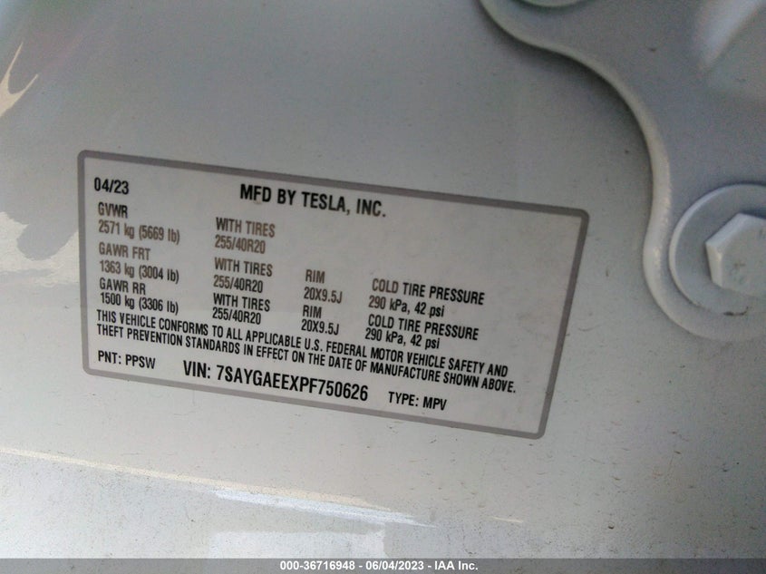 VIN 7SAYGAEEXPF750626 2023 TESLA MODEL Y LONG RANGE