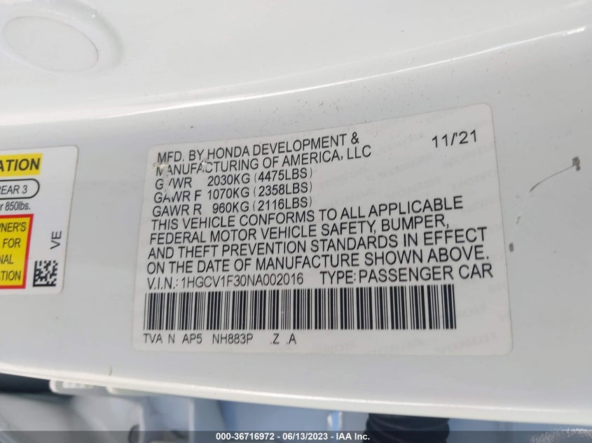 VIN 1HGCV1F30NA002016 2022 HONDA ACCORD SEDAN SPORT