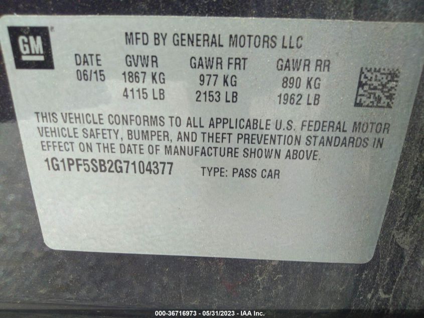 2016 CHEVROLET CRUZE LIMITED LT - 1G1PF5SB2G7104377