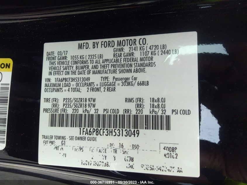 2017 FORD MUSTANG GT - 1FA6P8CF3H5313049