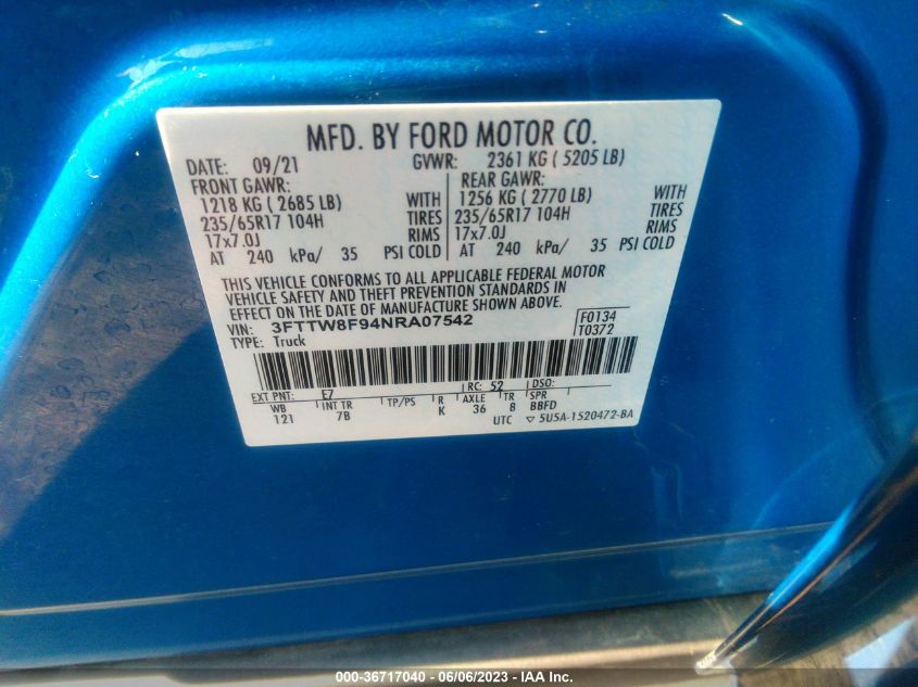 2022 FORD MAVERICK XL/XLT/LARIAT 3FTTW8F94NRA07542