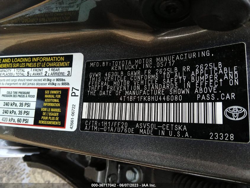 2017 TOYOTA CAMRY XLE/SE/LE/XSE - 4T1BF1FK8HU446080
