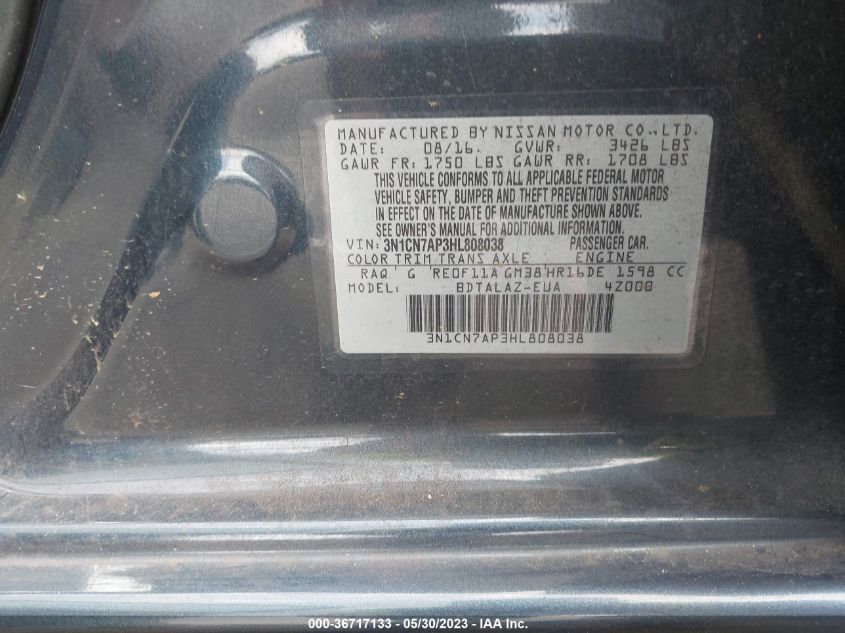 2017 NISSAN VERSA SEDAN S PLUS - 3N1CN7AP3HL808038