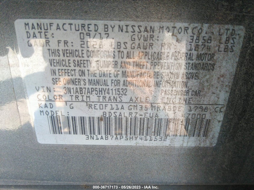 VIN 3N1AB7AP5HY411532 2017 NISSAN SENTRA SR