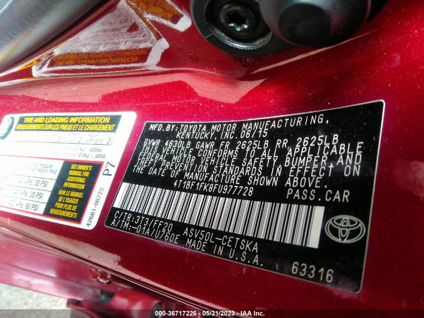 2015 TOYOTA CAMRY XLE/SE/LE/XSE - 4T1BF1FK8FU977728