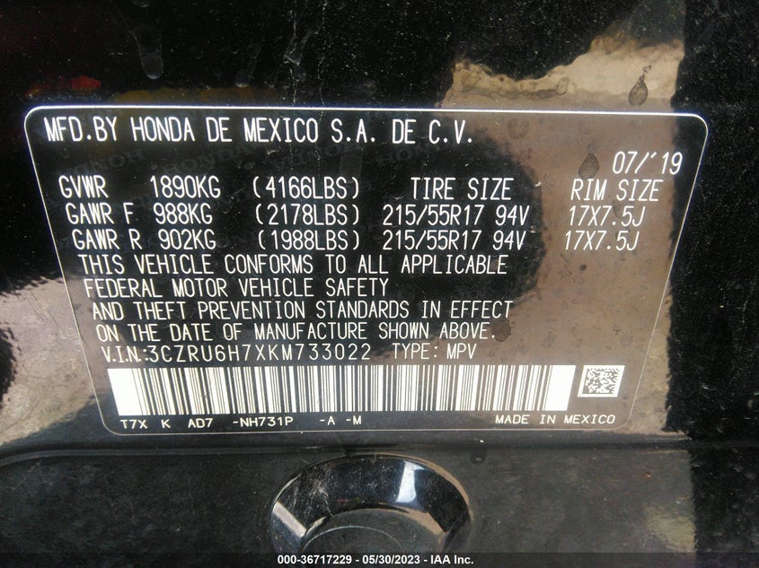 VIN 3CZRU6H7XKM733022 2019 HONDA HR-V EX-L